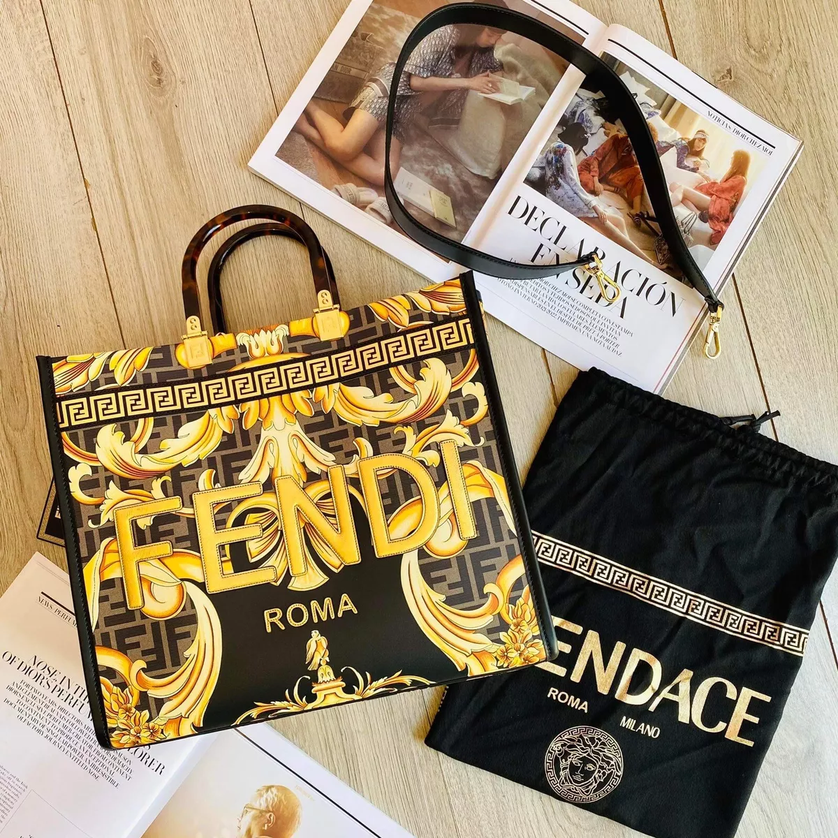 Versace x Fendi Collaboration Logo Sunshine Tote Bag W35cmxD17cmxH31cm  Black