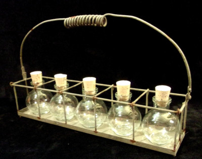 RUSTIC GRAY METAL SPICE/KITCHEN RACK and FIVE (5) GLASS BOTTLES w/CORK STOPPERS