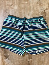 Lands End Mens Brown Teal Blue White Striped Nautical Swim Trunks Lined XL EUC