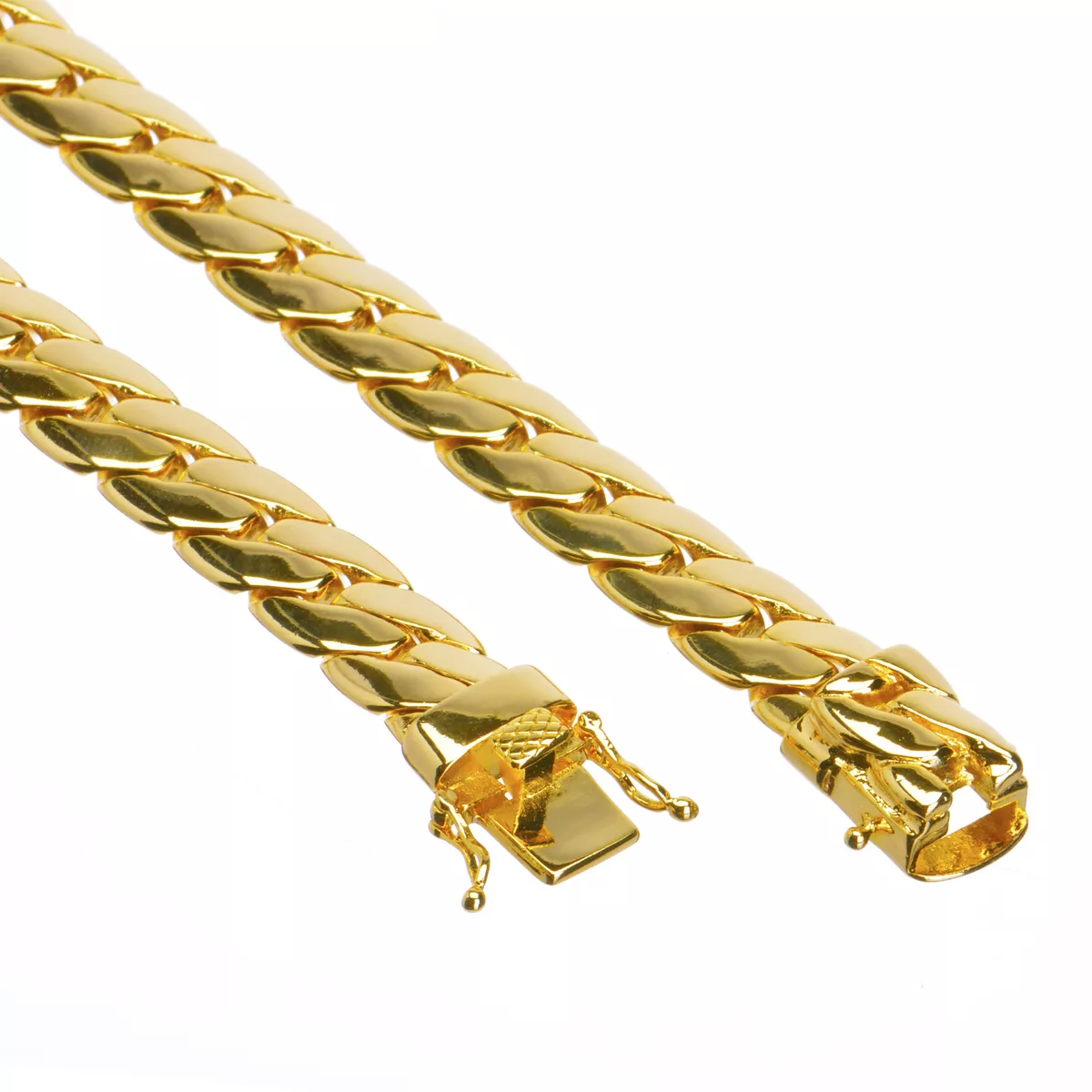 Men's Cuban Link Chain Necklace Box Clasp Safety Lock 14K Gold Plated  8 mm / 26"