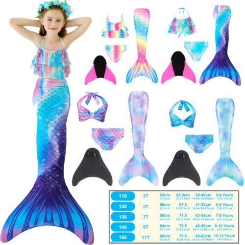 Kids Mermaid Tail Swim Costume Swimmable Bikini Set Swimsuit Swimming Costumes - Bild 1 von 30