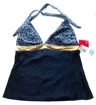 Style & Co Black Halter Tanklni Top w/Geo Print & Gold Sparkle Band Sz 8 NWT $78