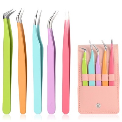 5pcs Eyelash Extension Tweezers High Precision，Straight and Curved Pink 