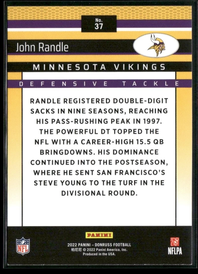 John Randle 2022 Donruss Retro 2002 Minnesota Vikings #37 - Image 2 of 2