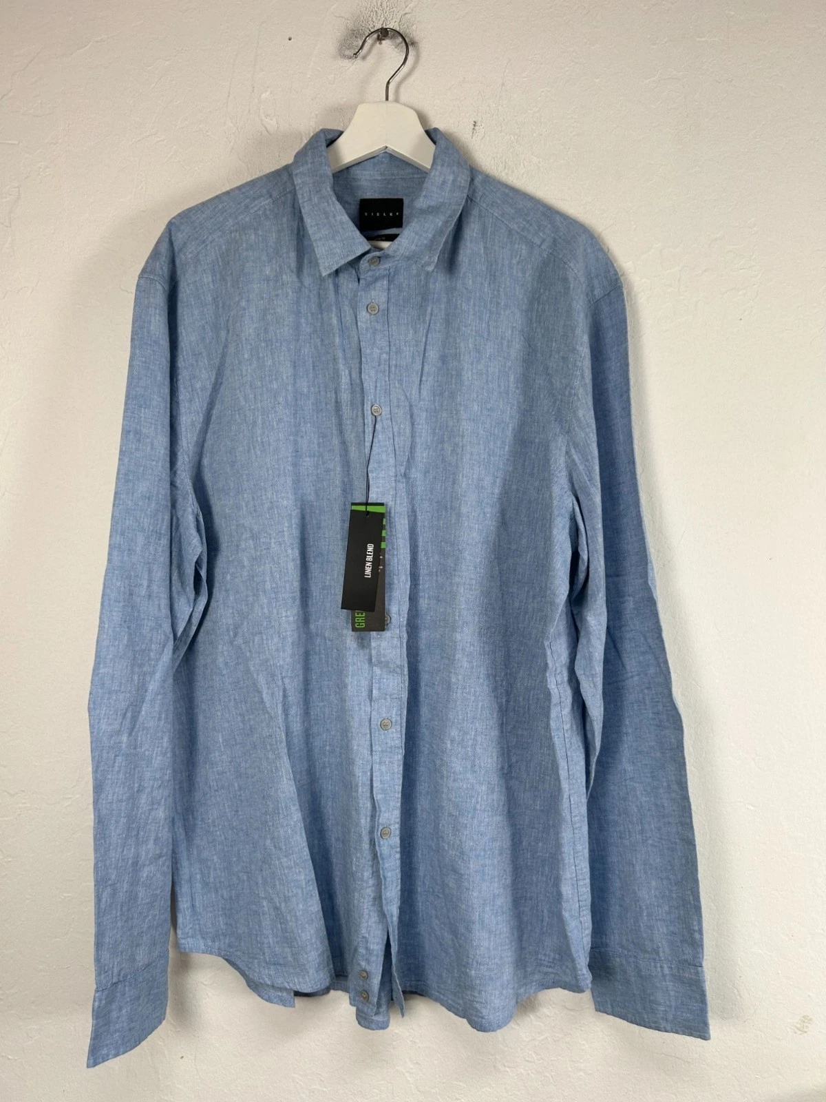 Sisley Mens Blue Linen Blend Button-Up Shirt XXL Regular Fit Long Sleeve New