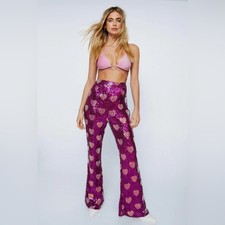 NastyGal Petite Heart Sequin Flare Pants Size 14 NWT