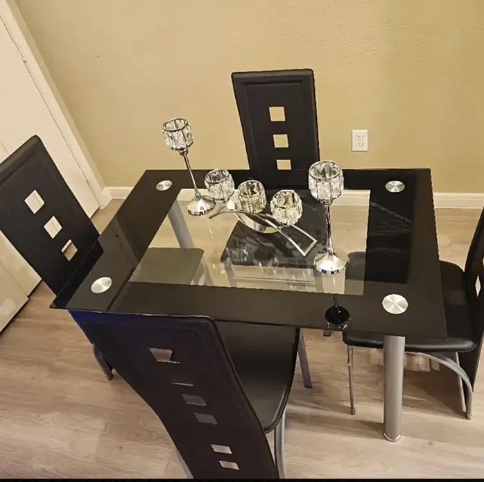 5 Piece Glass Black Dining Table Set 4 Chairs, Rectangle Modern Kitchen Table  - Image 2 of 3