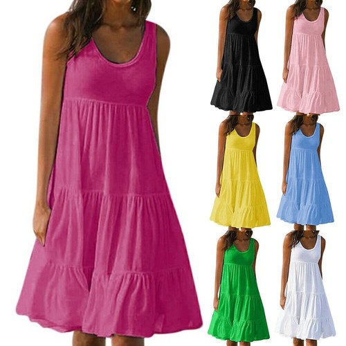 Damen Ärmellos Minikleid Sommerkleid A-Line Urlaub Freizeitkleid Strandkleid>| - Bild 3 von 19