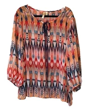 Chenault Plus Size 3X Sheer Boho Blouse Ikat Print Tie Neck EUC