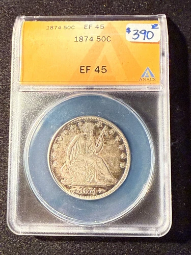 1874 SEATED LIBERTY HALF DOLLAR ANACS EF 45