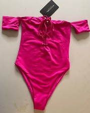 pretty little thing hot pink lace up bardot swimsuit size 8