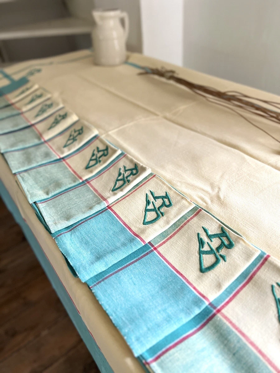 Superbe Ensemble De Linge De Table Basque Vintage - Nappe Et 6 Serviettes En Lin, Des Années 60, Jamais Utilisé !