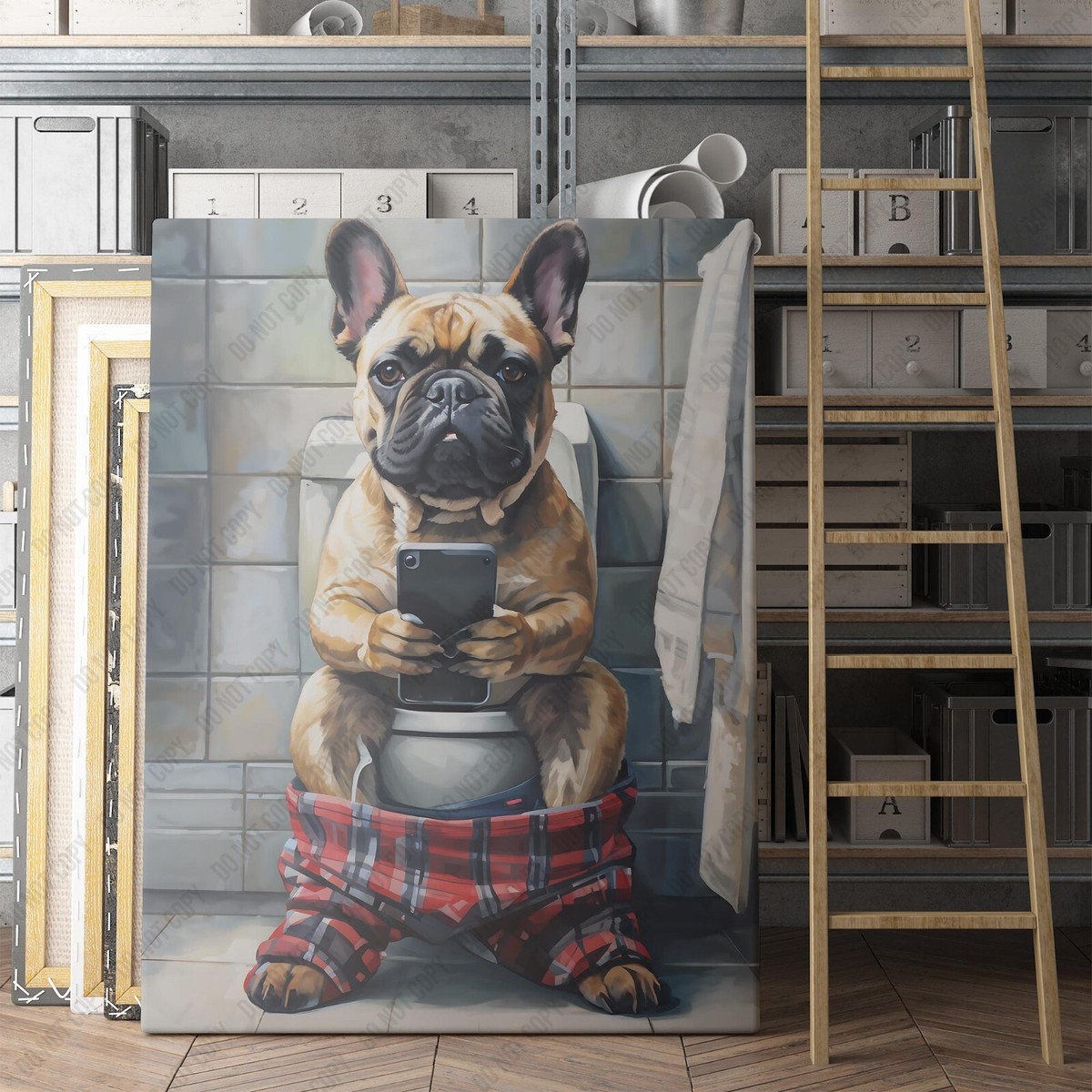 French Bulldog On Phone On The Toilet Funny Dog Bathroom Canvas Wall Art  Print