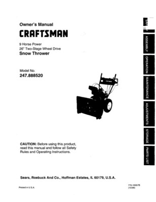 Owner’s Manual Sears Craftsman 9.0 HP 26” Snow Thrower/Blower - Model ...