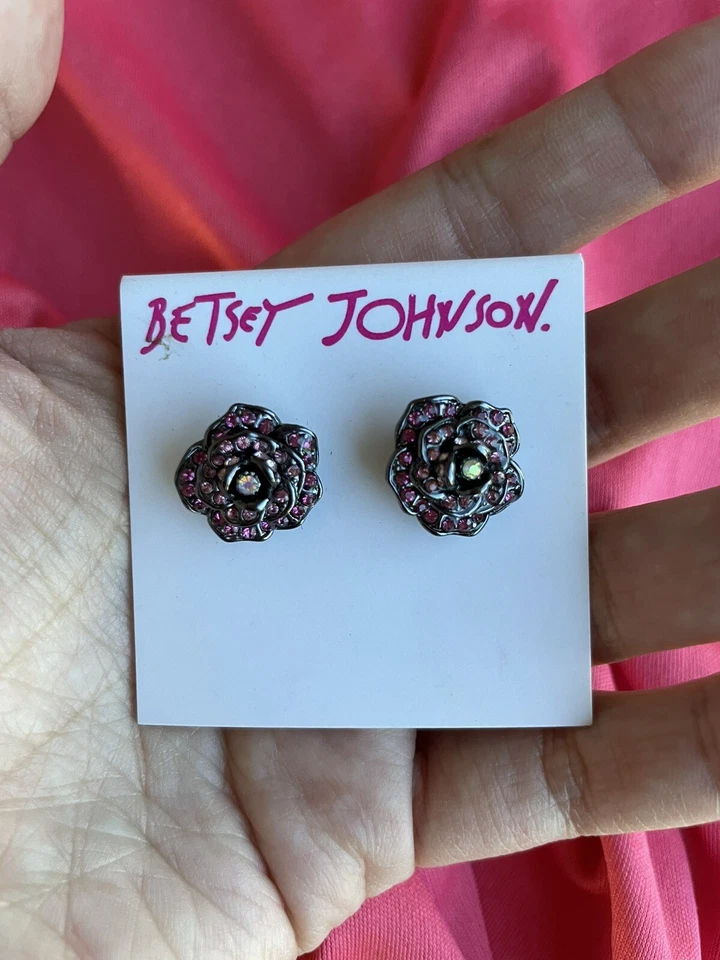 Pendientes Betsey Johnson Garden Of Excess Rosa Cristal Rosa Flor Peltre Gris Foto 2 de 2
