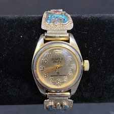 Vintage Womens Quartex Pulsar Gold Tone Swiss Movt Watch Southwest Inlay Stretch