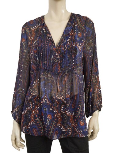 JOIE Vandrea Navy Paisley Print Sheer Silk Georgette Peasant Blouse L - Picture 6 of 6