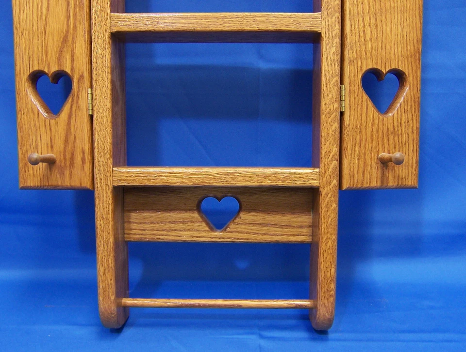 Hand Crafted Oak Wood Wooden Shadow Box Heart Trinkets Pegs Towel Rack Holder - Image 4 of 4