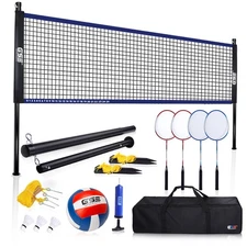 Outdoor Portable Badminton/Volleyball Complete Set with Net System, 4 Badmint...