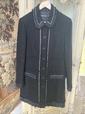 Marc Aurel Tweed Textured Black Coat Metal Embellishment Fringe Buttons Up SZ 38