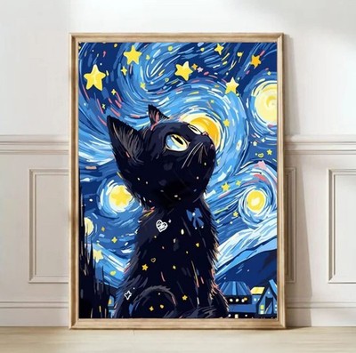 Schwarze Katze van Gogh Sternennacht Leinwand Bild gerahmt Poster Druck Wandbild Deko