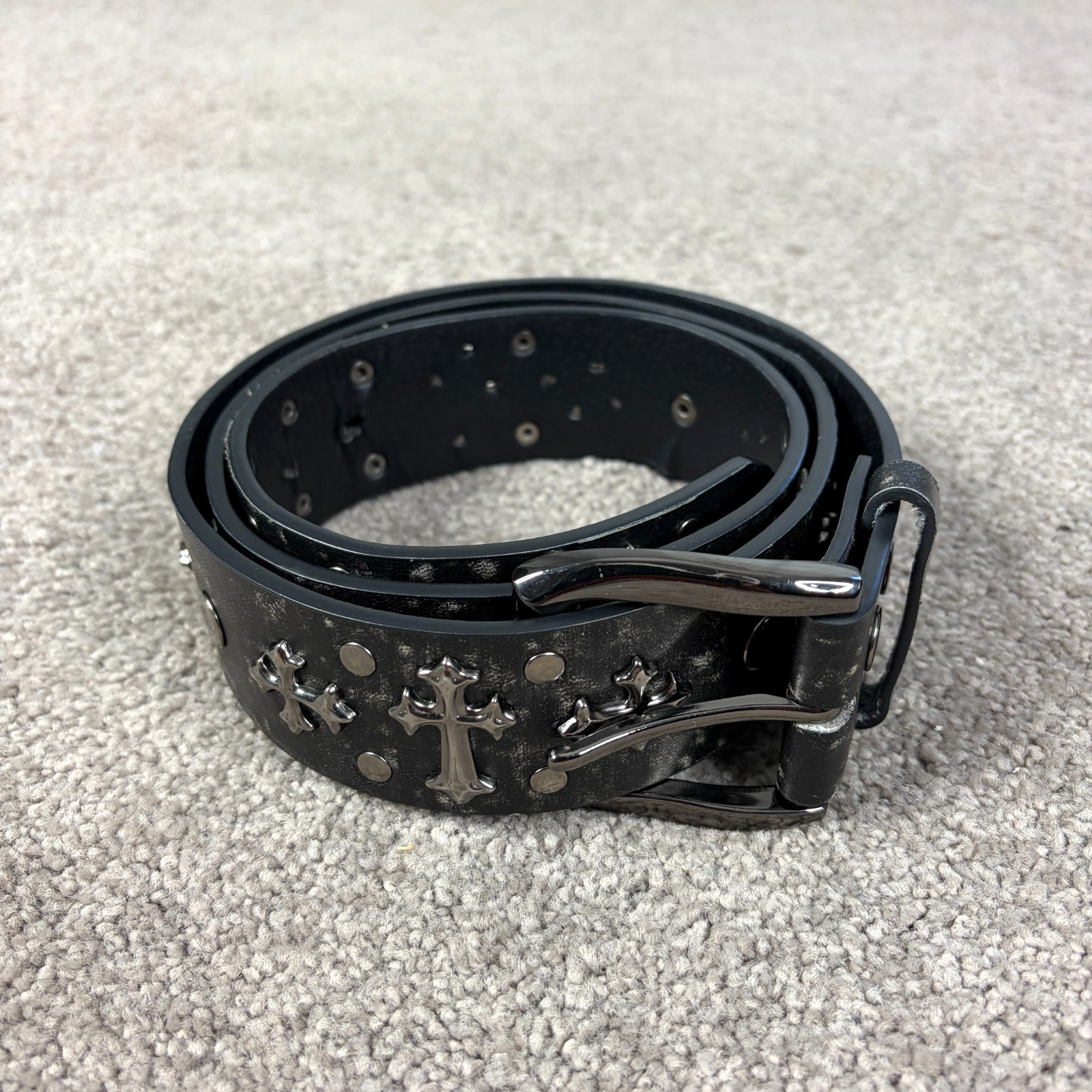 Chrome Hearts Style Leather Belt Crosses Black Silver Buckle Gothic Size 42 thumbnail 9