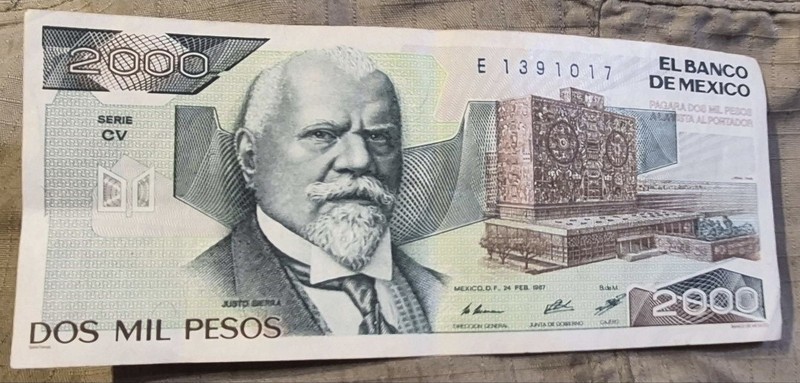 Mexico 2000 Pesos 1987 Banco de México World Banknotes Money E1391017, Serie CV