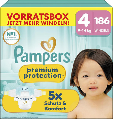 Pampers Premium Protection Größe 4, 186 Windeln, 9Kg-14Kg, Unser Nr. 1 Haut- Und