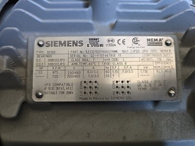 SIEMENS MOTOR L4 1 1/2 HP SD100 1LE23211CD314AA3 875/725 RPM 230/460 200/400 V