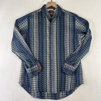 Robert Graham Mens Shirt Medium Blue Geometric Stripe Classic Fit Flip Cuff Silk