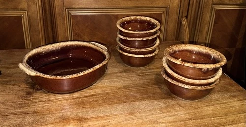 8pc Hull Brown Drip Glaze Pottery Soup Cereal Bowls Casserole Dish Vintage 1960s