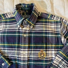 Vtg Polo Ralph Lauren Shirt Boys 4 Blue Plaid Oxford Crown Crest Button Down 90s