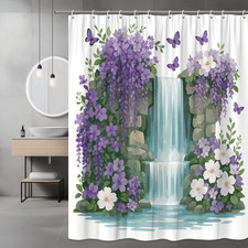 Purple Floral Waterfall Shower Curtain Butterfly Garden Print