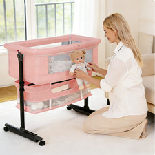 3 in 1 Baby Bassinet Bedside Sleeper with Wheels Adjustable Height Mesh