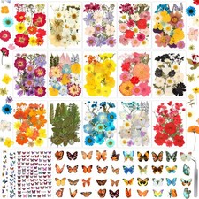 630 Pcs Dried Pressed Flowers with Butterfly Stickers for Crafts, Real Presse...
