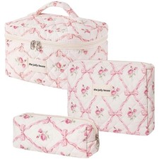 3PCS Cotton Quilted Floral Makeup Bag Set for Women, Cute Make Up Bags with B...