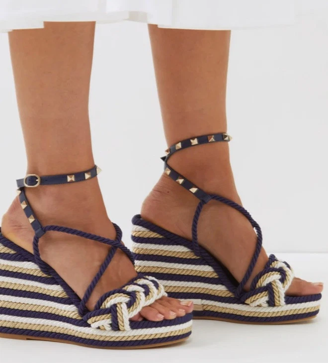 Valentino Rockstud Torchon Blue Stripe Cord Rope Wedge Ankle Strap Sandals 40 - Image 3 of 4