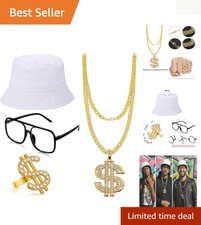 80s/90s Rapper Style Costume Kit - Includes Hat, Glasses Dollar Sign Ring