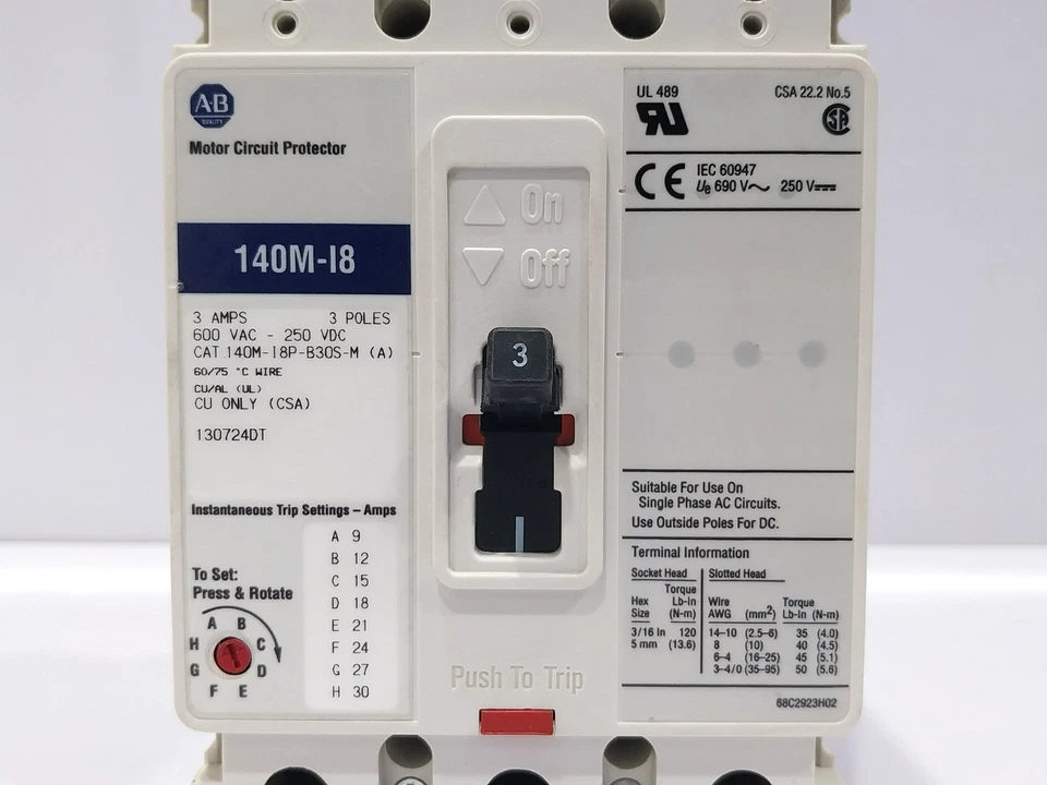 ALLEN-BRADLEY  140M-I8P-B30S-M  3 AMP MOTOR CIRCUIT PROTECTOR  BREAKER - image 3 of 4