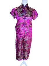Double Peach Women's SMALL Vintage Chinese Satin Brocade PINK Pajama Set