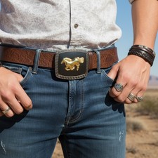 New Men Western Belt Buckle Silver Metal Square Cowboy Gold Rodeo Horse Black