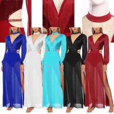 Womens Dress Sequin Dancewear Chest Bodysuit Shiny Belly Long Sleeve Dance Hem