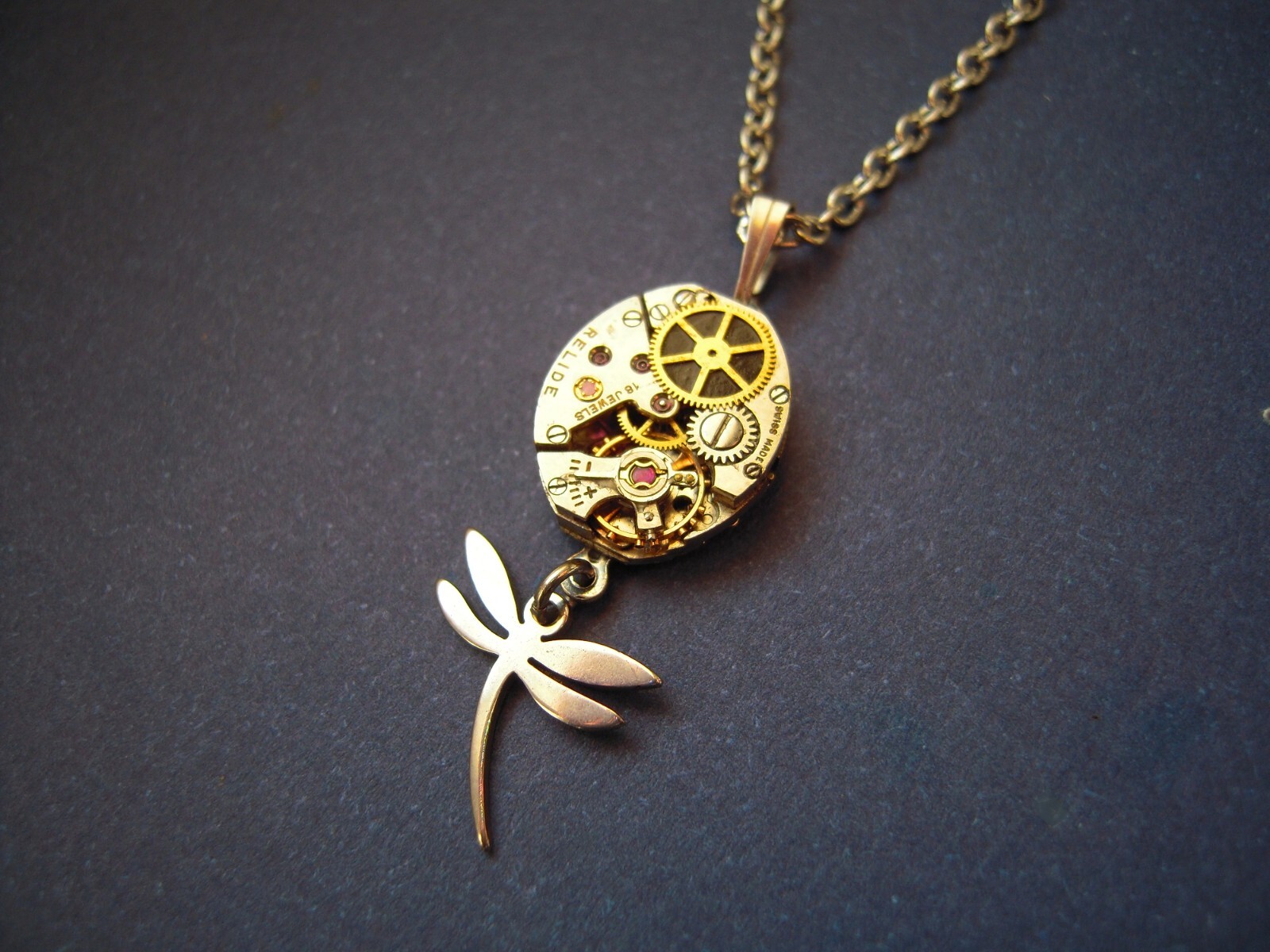 Bijou steampunk collier libellule acier inoxydable montre mécanique pendentif gothique