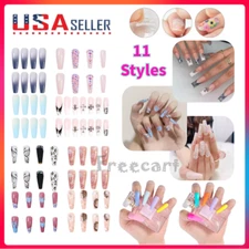 1-100 Pcs Wearable Fake Nails Colorful Flower Designs Medium Long Coffin False