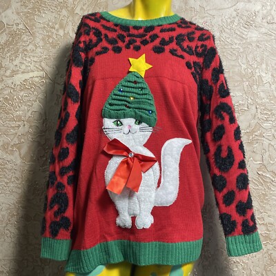 3D KITTY CAT FUNNY HAT KNIT UGLY CHRISTMAS SWEATER Womens Plus