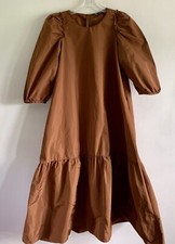 ZARA BROWN BALLOON  SLEEVES TAFFETA VOLUMINOUS TIERED MIDI DRESS SIZE: MEDIUM