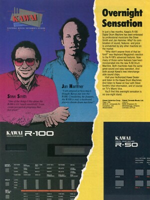 1987 Print Ad of Kawai R-100 Drum Machine w Steve Smith & Jan Hammer