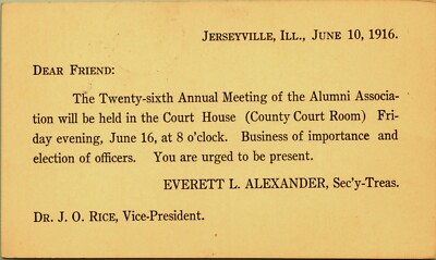 26 Annual Alumni Meeting Jerseyville Illinois Rice Vice President Postcard 1916