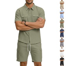 Mens Linen 2Piece Outfit Summer Short Sleeve Shirt Cargo Shorts Set Holiday Wear