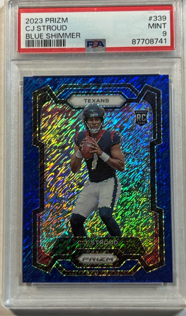 2023 C.J. Stroud Panini Prizm FOTL Blue Shimmer RC #339 02/25 PSA 9